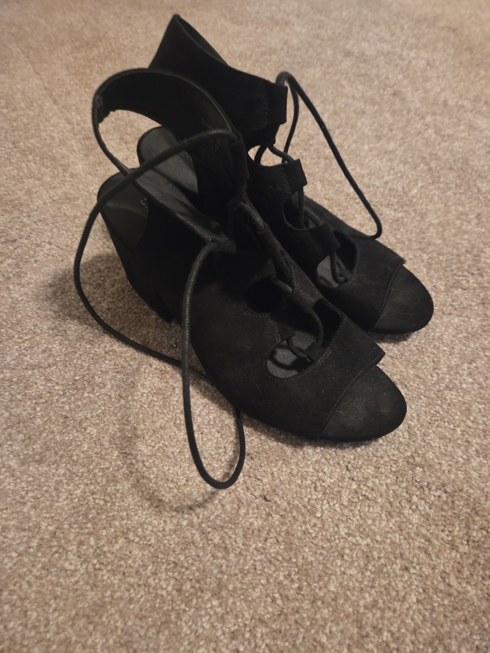 Divided Black Lace-Up Peep Toe Wedge